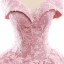 High End Pink Ballkleider 2023 Ballkleid Off Shoulder Kurze Ärmel Blumen Applikationen Spitze Sweep / Pinsel Zug Rüschen Rückenfreies Festliche Kleider