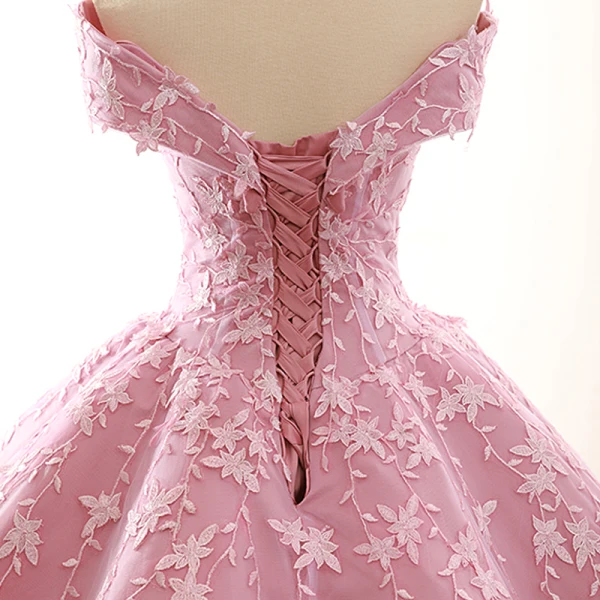 High End Pink Ballkleider 2023 Ballkleid Off Shoulder Kurze Ärmel Blumen Applikationen Spitze Sweep / Pinsel Zug Rüschen Rückenfreies Festliche Kleider