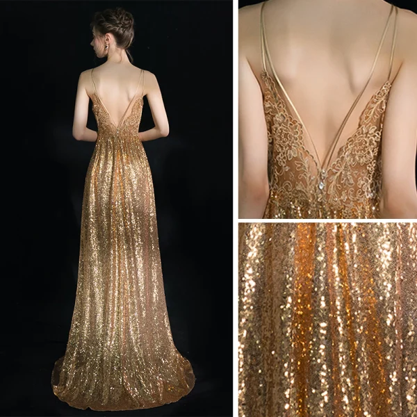 Glitzernden Gold Pailletten Abendkleider 2019 Etui Spaghettiträger Tiefer V-Ausschnitt Ärmellos Lange Rückenfreies Glanz Festliche Kleider