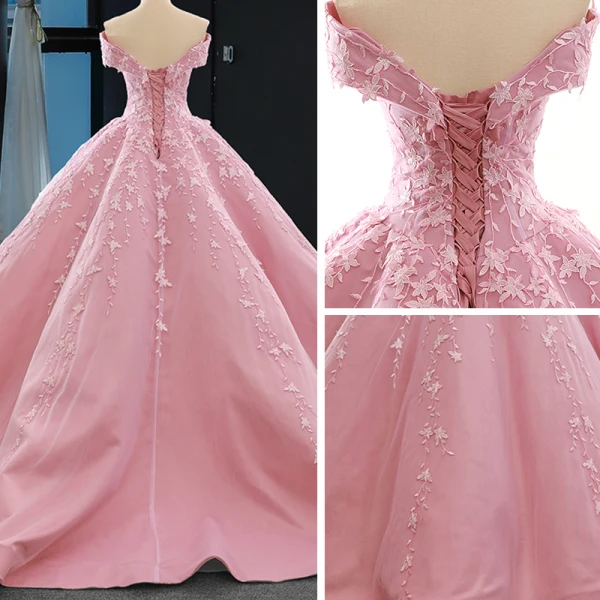 High End Pink Ballkleider 2023 Ballkleid Off Shoulder Kurze Ärmel Blumen Applikationen Spitze Sweep / Pinsel Zug Rüschen Rückenfreies Festliche Kleider