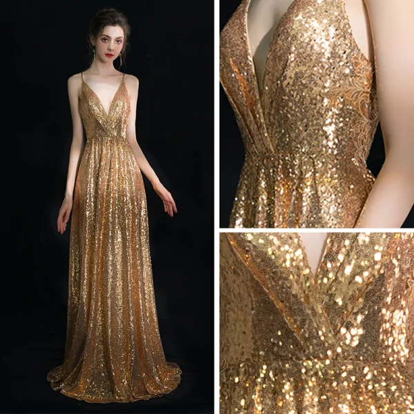 Glitzernden Gold Pailletten Abendkleider 2019 Etui Spaghettiträger Tiefer V-Ausschnitt Ärmellos Lange Rückenfreies Glanz Festliche Kleider