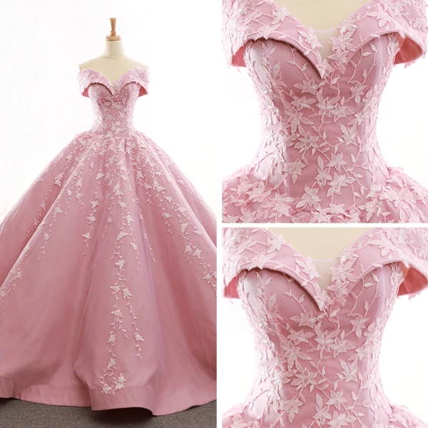 High End Pink Ballkleider 2023 Ballkleid Off Shoulder Kurze Ärmel Blumen Applikationen Spitze Sweep / Pinsel Zug Rüschen Rückenfreies Festliche Kleider