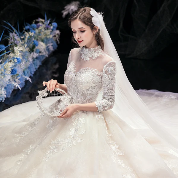 Vintage / Retro Champagne See-through Wedding Dresses 2020 Ball Gown High Neck 3/4 Sleeve Backless Flower Appliques Lace Beading Pearl Cathedral Train