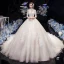 Vintage / Retro Champagne See-through Wedding Dresses 2020 Ball Gown High Neck 3/4 Sleeve Backless Flower Appliques Lace Beading Pearl Cathedral Train