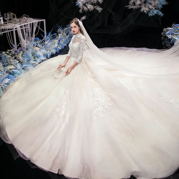 Vintage / Retro Champagne See-through Wedding Dresses 2020 Ball Gown High Neck 3/4 Sleeve Backless Flower Appliques Lace Beading Pearl Cathedral Train