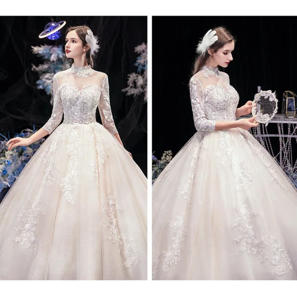 Vintage / Retro Champagne See-through Wedding Dresses 2020 Ball Gown High Neck 3/4 Sleeve Backless Flower Appliques Lace Beading Pearl Cathedral Train