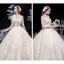 Vintage / Retro Champagne See-through Wedding Dresses 2020 Ball Gown High Neck 3/4 Sleeve Backless Flower Appliques Lace Beading Pearl Cathedral Train