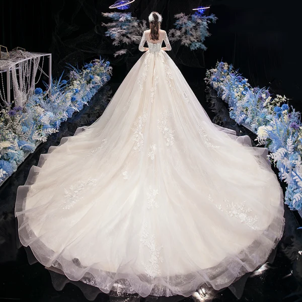 Vintage / Retro Champagne See-through Wedding Dresses 2020 Ball Gown High Neck 3/4 Sleeve Backless Flower Appliques Lace Beading Pearl Cathedral Train