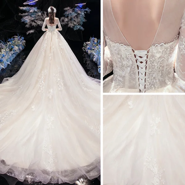 Vintage / Retro Champagne See-through Wedding Dresses 2020 Ball Gown High Neck 3/4 Sleeve Backless Flower Appliques Lace Beading Pearl Cathedral Train