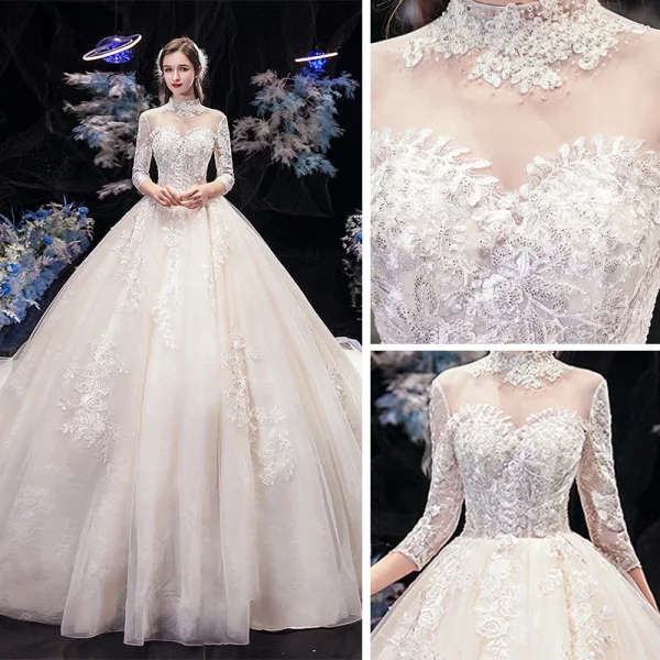 Vintage / Retro Champagne See-through Wedding Dresses 2020 Ball Gown High Neck 3/4 Sleeve Backless Flower Appliques Lace Beading Pearl Cathedral Train