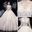 Vintage / Retro Champagne See-through Wedding Dresses 2020 Ball Gown High Neck 3/4 Sleeve Backless Flower Appliques Lace Beading Pearl Cathedral Train