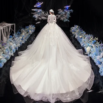 Modest Ivory Bridal Wedding Dresses 2020 Ball Gown V Neck 3 4 Sleeve Appliques Lace Beading Pearl Cathedral Train Ruffle
