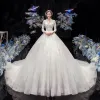 Modest  Ivory Bridal Wedding Dresses 2020 Ball Gown V-Neck 3/4 Sleeve Appliques Lace Beading Pearl Cathedral Train Ruffle