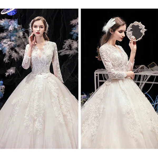Modeste Ivoire La Mariée Robe De Mariée 2020 Robe Boule V-Cou 3/4 Manches Appliques En Dentelle Perlage Perle Cathedral Train Volants