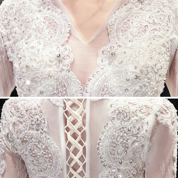 Modeste Ivoire La Mariée Robe De Mariée 2020 Robe Boule V-Cou 3/4 Manches Appliques En Dentelle Perlage Perle Cathedral Train Volants