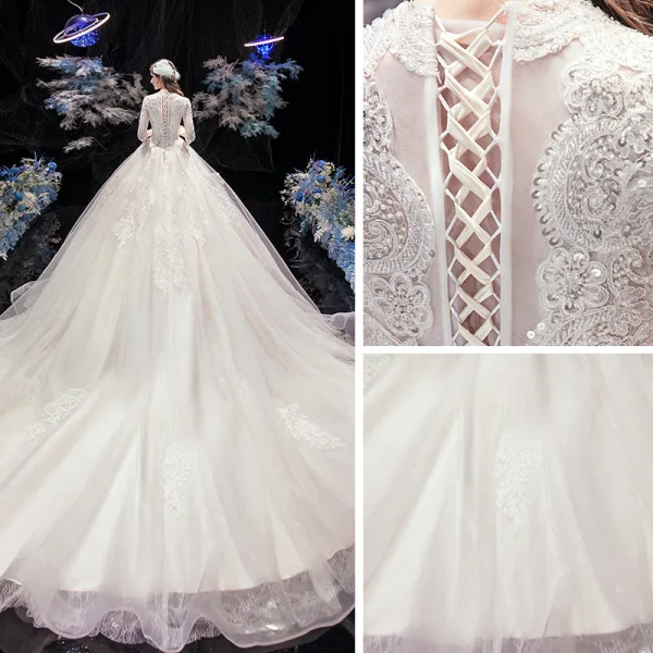 Modeste Ivoire La Mariée Robe De Mariée 2020 Robe Boule V-Cou 3/4 Manches Appliques En Dentelle Perlage Perle Cathedral Train Volants