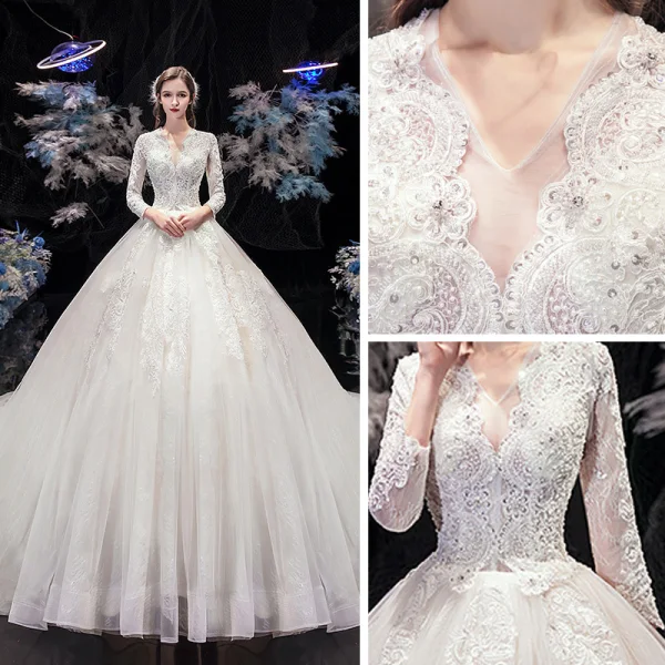 Modeste Ivoire La Mariée Robe De Mariée 2020 Robe Boule V-Cou 3/4 Manches Appliques En Dentelle Perlage Perle Cathedral Train Volants