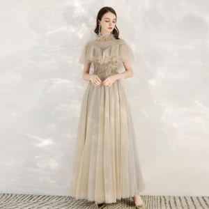 Élégant Champagne Gris Transparentes Robe De Soirée 2020 Princesse Col Haut Manches Courtes Perlage Longue Volants Robe De Ceremonie