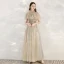 Elegant Champagne Grey See-through Evening Dresses  2020 A-Line / Princess High Neck Short Sleeve Beading Floor-Length / Long Ruffle Formal Dresses