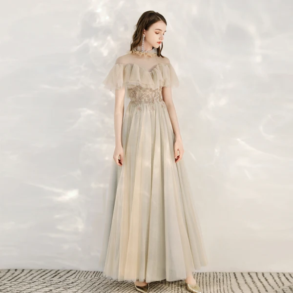 Elegant Champagne Grey See-through Evening Dresses  2020 A-Line / Princess High Neck Short Sleeve Beading Floor-Length / Long Ruffle Formal Dresses