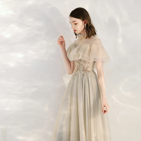 Elegant Champagne Grey See-through Evening Dresses  2020 A-Line / Princess High Neck Short Sleeve Beading Floor-Length / Long Ruffle Formal Dresses