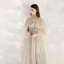 Elegant Champagne Grey See-through Evening Dresses  2020 A-Line / Princess High Neck Short Sleeve Beading Floor-Length / Long Ruffle Formal Dresses