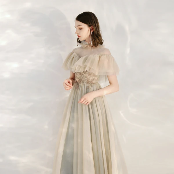 Elegant Champagne Grey See-through Evening Dresses  2020 A-Line / Princess High Neck Short Sleeve Beading Floor-Length / Long Ruffle Formal Dresses