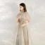 Elegant Champagne Grey See-through Evening Dresses  2020 A-Line / Princess High Neck Short Sleeve Beading Floor-Length / Long Ruffle Formal Dresses