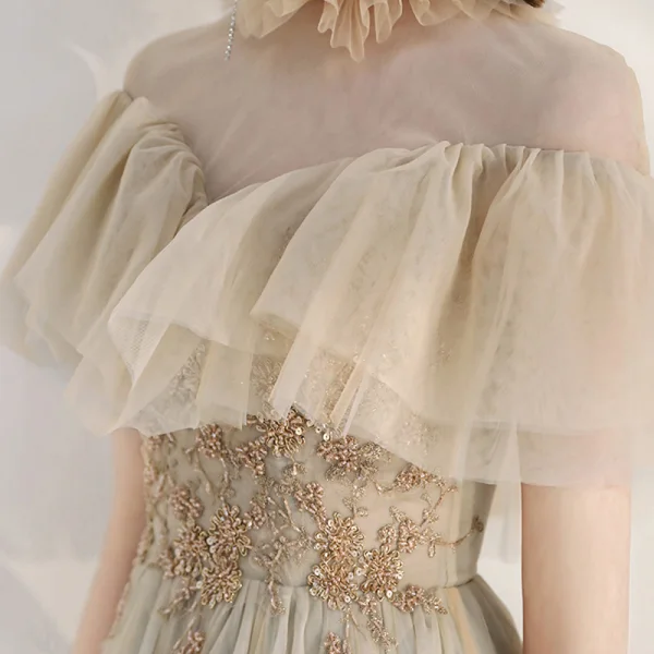 Elegant Champagne Grey See-through Evening Dresses  2020 A-Line / Princess High Neck Short Sleeve Beading Floor-Length / Long Ruffle Formal Dresses