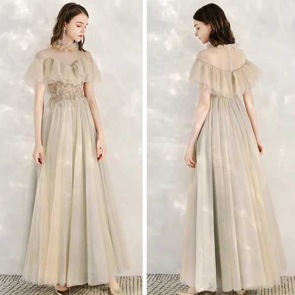 Elegant Champagne Grey See-through Evening Dresses  2020 A-Line / Princess High Neck Short Sleeve Beading Floor-Length / Long Ruffle Formal Dresses