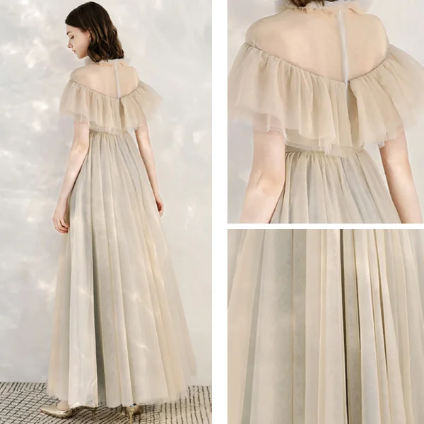 Elegant Champagne Grey See-through Evening Dresses  2020 A-Line / Princess High Neck Short Sleeve Beading Floor-Length / Long Ruffle Formal Dresses
