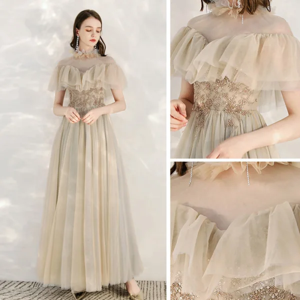 Elegant Champagne Grey See-through Evening Dresses  2020 A-Line / Princess High Neck Short Sleeve Beading Floor-Length / Long Ruffle Formal Dresses