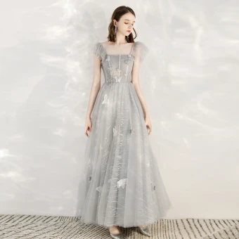 Lovely Grey Prom Dresses 2020 A Line Princess Shoulders Sleeveless Butterfly Appliques Lace Beading Ankle Length Ruffle Backless Formal Dresses