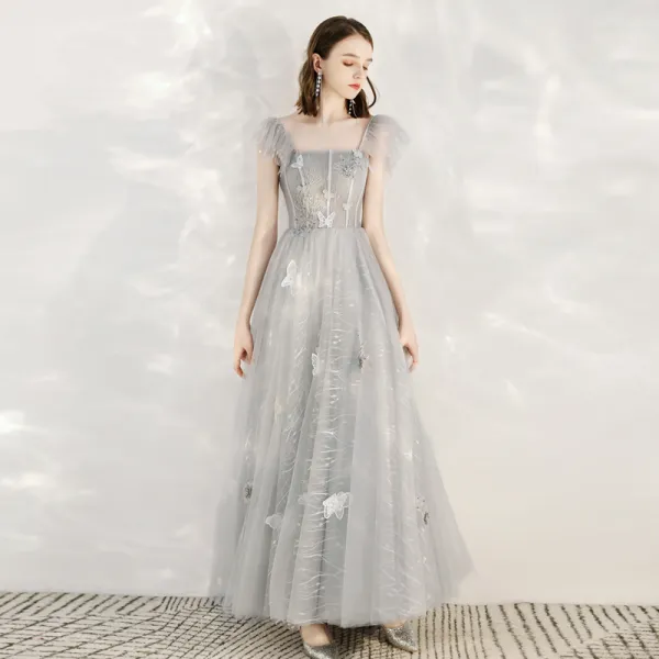 Lovely Grey Prom Dresses 2020 A-Line / Princess Shoulders Sleeveless Butterfly Appliques Lace Beading Ankle Length Ruffle Backless Formal Dresses