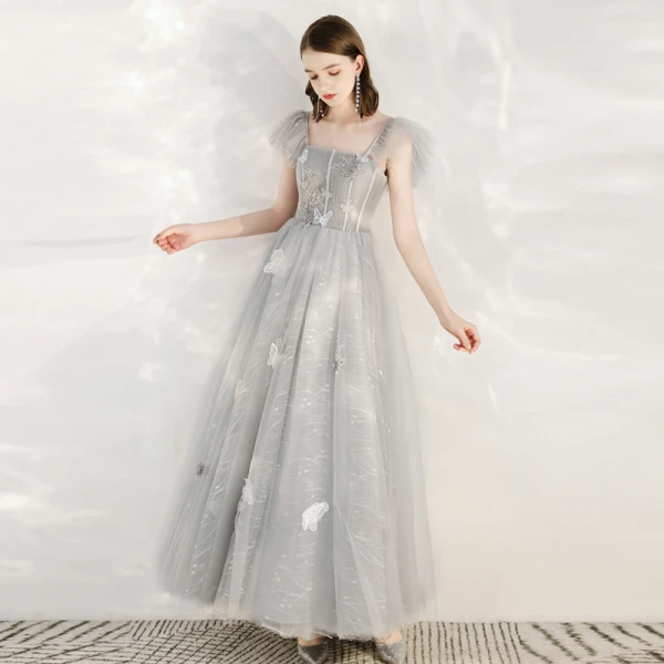 Lovely Grey Prom Dresses 2020 A-Line / Princess Shoulders Sleeveless Butterfly Appliques Lace Beading Ankle Length Ruffle Backless Formal Dresses