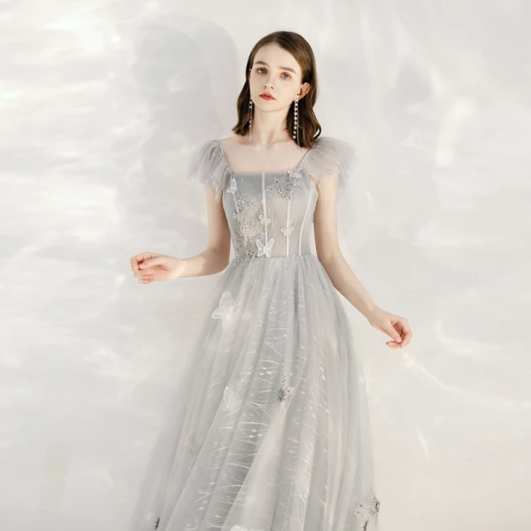 Lovely Grey Prom Dresses 2020 A-Line / Princess Shoulders Sleeveless Butterfly Appliques Lace Beading Ankle Length Ruffle Backless Formal Dresses