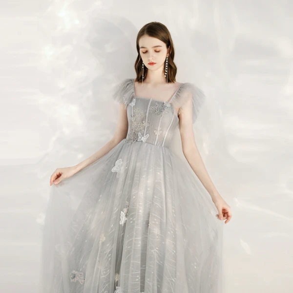 Lovely Grey Prom Dresses 2020 A-Line / Princess Shoulders Sleeveless Butterfly Appliques Lace Beading Ankle Length Ruffle Backless Formal Dresses