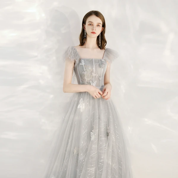 Lovely Grey Prom Dresses 2020 A-Line / Princess Shoulders Sleeveless Butterfly Appliques Lace Beading Ankle Length Ruffle Backless Formal Dresses
