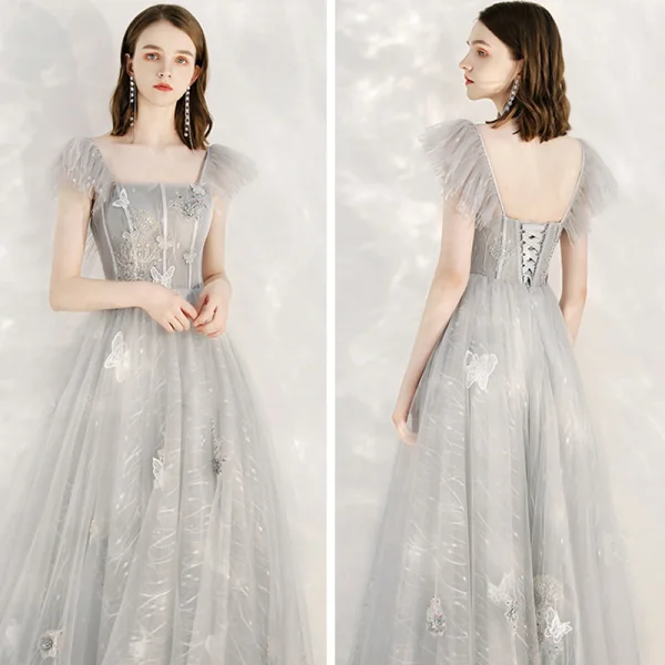 Lovely Grey Prom Dresses 2020 A-Line / Princess Shoulders Sleeveless Butterfly Appliques Lace Beading Ankle Length Ruffle Backless Formal Dresses