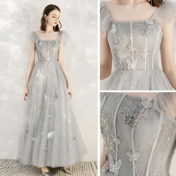 Lovely Grey Prom Dresses 2020 A-Line / Princess Shoulders Sleeveless Butterfly Appliques Lace Beading Ankle Length Ruffle Backless Formal Dresses