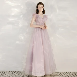 Élégant Rose Bonbon Robe De Soirée 2020 Princesse V Cou Sans Manches Appliques Paillettes Glitter Tulle Longue Volants Dos Nu Robe De Ceremonie
