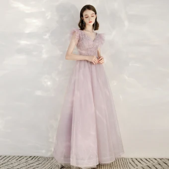 Elegant Candy Pink Evening Dresses 2020 A Line Princess V Neck Sleeveless Appliques Sequins Glitter Tulle Floor Length Long Ruffle Backless Formal Dresses