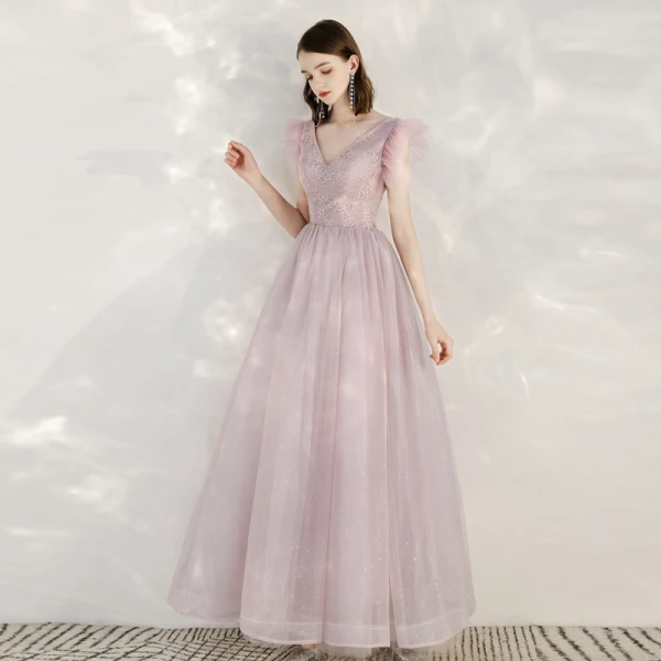 Elegante Pink Abendkleider 2020 A Linie V-Ausschnitt Ärmellos Applikationen Pailletten Glanz Tülle Lange Rüschen Rückenfreies Festliche Kleider