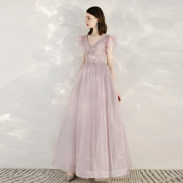 Elegante Pink Abendkleider 2020 A Linie V-Ausschnitt Ärmellos Applikationen Pailletten Glanz Tülle Lange Rüschen Rückenfreies Festliche Kleider