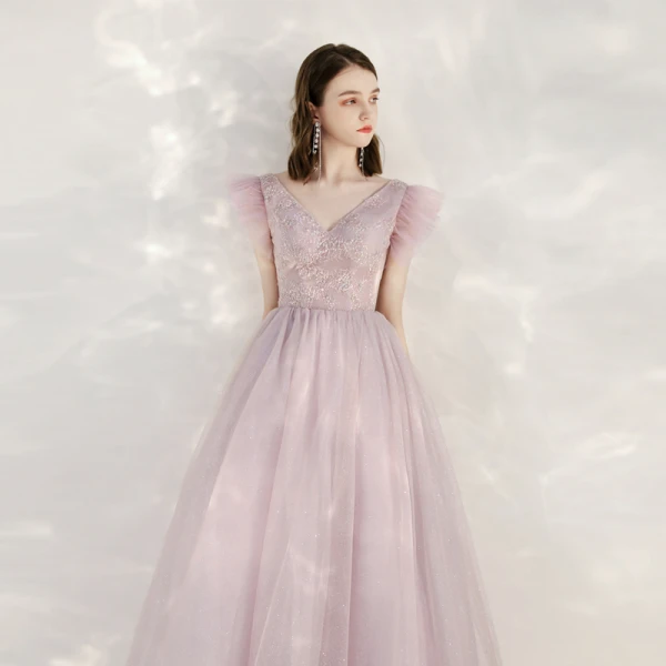 Elegante Pink Abendkleider 2020 A Linie V-Ausschnitt Ärmellos Applikationen Pailletten Glanz Tülle Lange Rüschen Rückenfreies Festliche Kleider