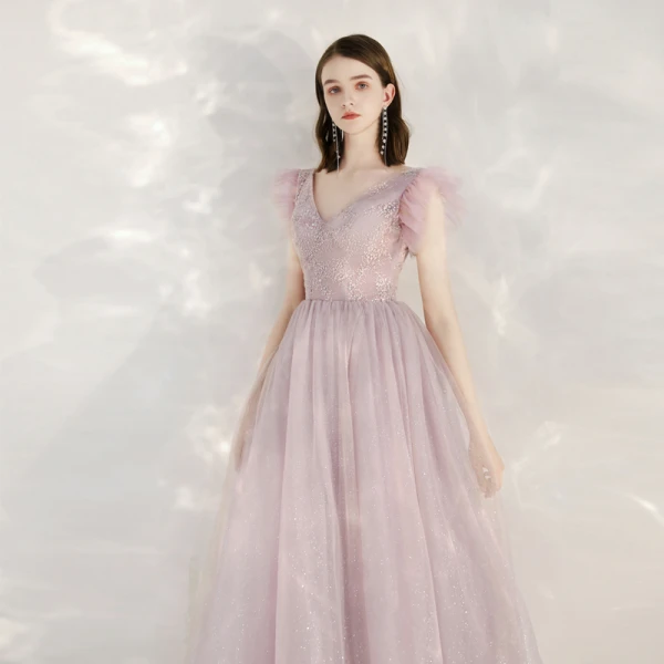 Elegante Pink Abendkleider 2020 A Linie V-Ausschnitt Ärmellos Applikationen Pailletten Glanz Tülle Lange Rüschen Rückenfreies Festliche Kleider