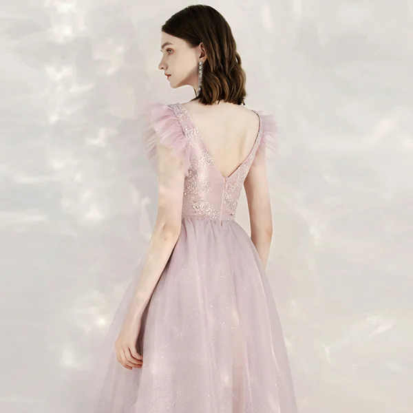 Elegante Pink Abendkleider 2020 A Linie V-Ausschnitt Ärmellos Applikationen Pailletten Glanz Tülle Lange Rüschen Rückenfreies Festliche Kleider