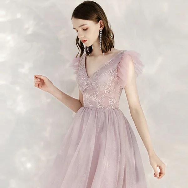 Elegante Pink Abendkleider 2020 A Linie V-Ausschnitt Ärmellos Applikationen Pailletten Glanz Tülle Lange Rüschen Rückenfreies Festliche Kleider