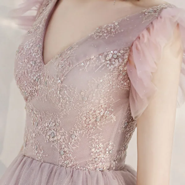 Elegante Pink Abendkleider 2020 A Linie V-Ausschnitt Ärmellos Applikationen Pailletten Glanz Tülle Lange Rüschen Rückenfreies Festliche Kleider