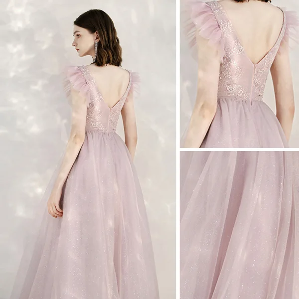 Elegante Pink Abendkleider 2020 A Linie V-Ausschnitt Ärmellos Applikationen Pailletten Glanz Tülle Lange Rüschen Rückenfreies Festliche Kleider